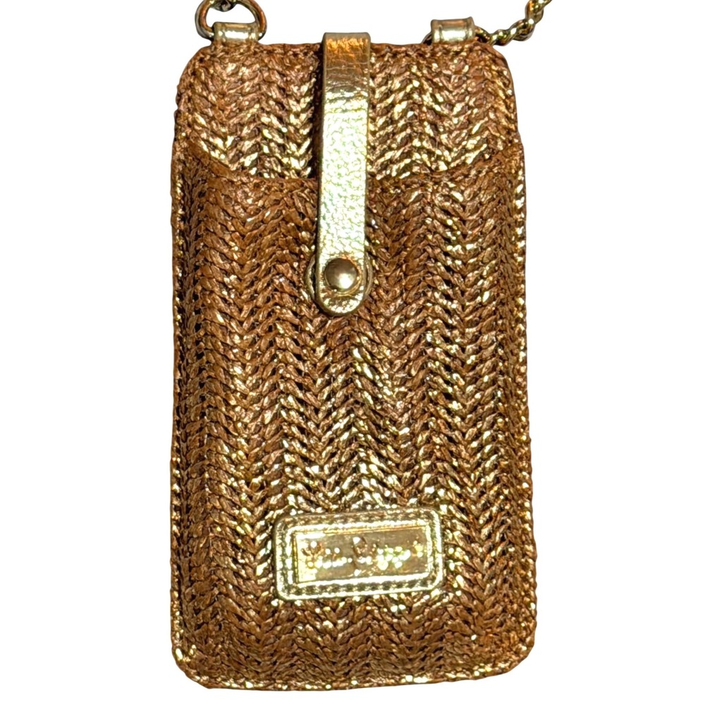 Lilly Pulitzer Phone Crossbody Bag Womens Gold Straw Metallic Woven Boho Coastal